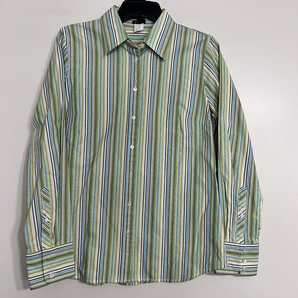 J. Crew Woman's Y2K Green Striped Button Down Long Sleeve Shirt Size‎ Medium